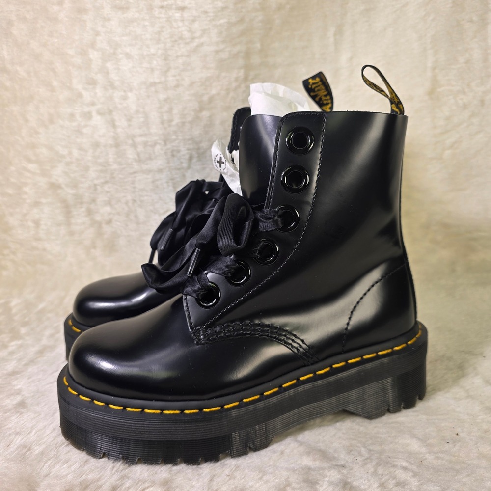 Dr. Martens Molly Quad Platform Boots Black Satin Lace Leather Women 38 7 NEW